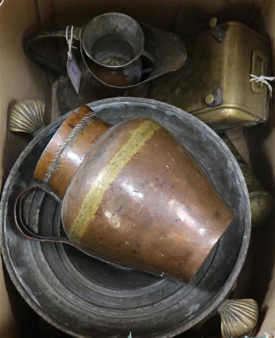 A collection of Turkish copper and brassware, inc a betel nut box, large cooking pot, jugs, coffee grinder etc